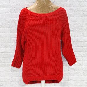EXPRESS Sweater Boatneck Rib Knit Chunky Loose Merino Wool Blend Ruby Red